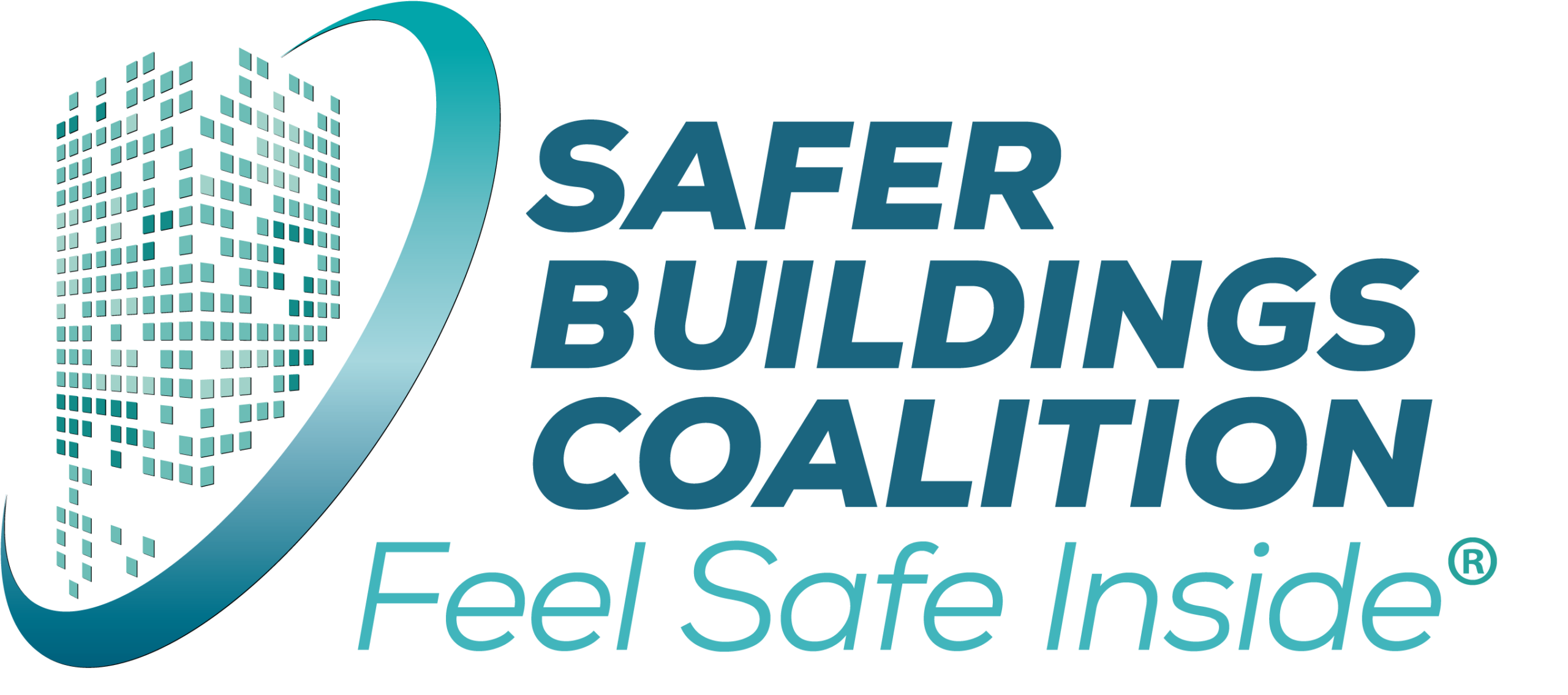 Safer Buildings Coalition logo with the three pillars: 911 calls out with location accuracy, mass notifications in, and first responder communications throughout.